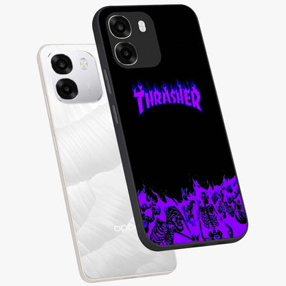 Neon Flame Riot Glass Case displayed in angled mockup highlighting glowing flame design with vibrant neon aesthetic.