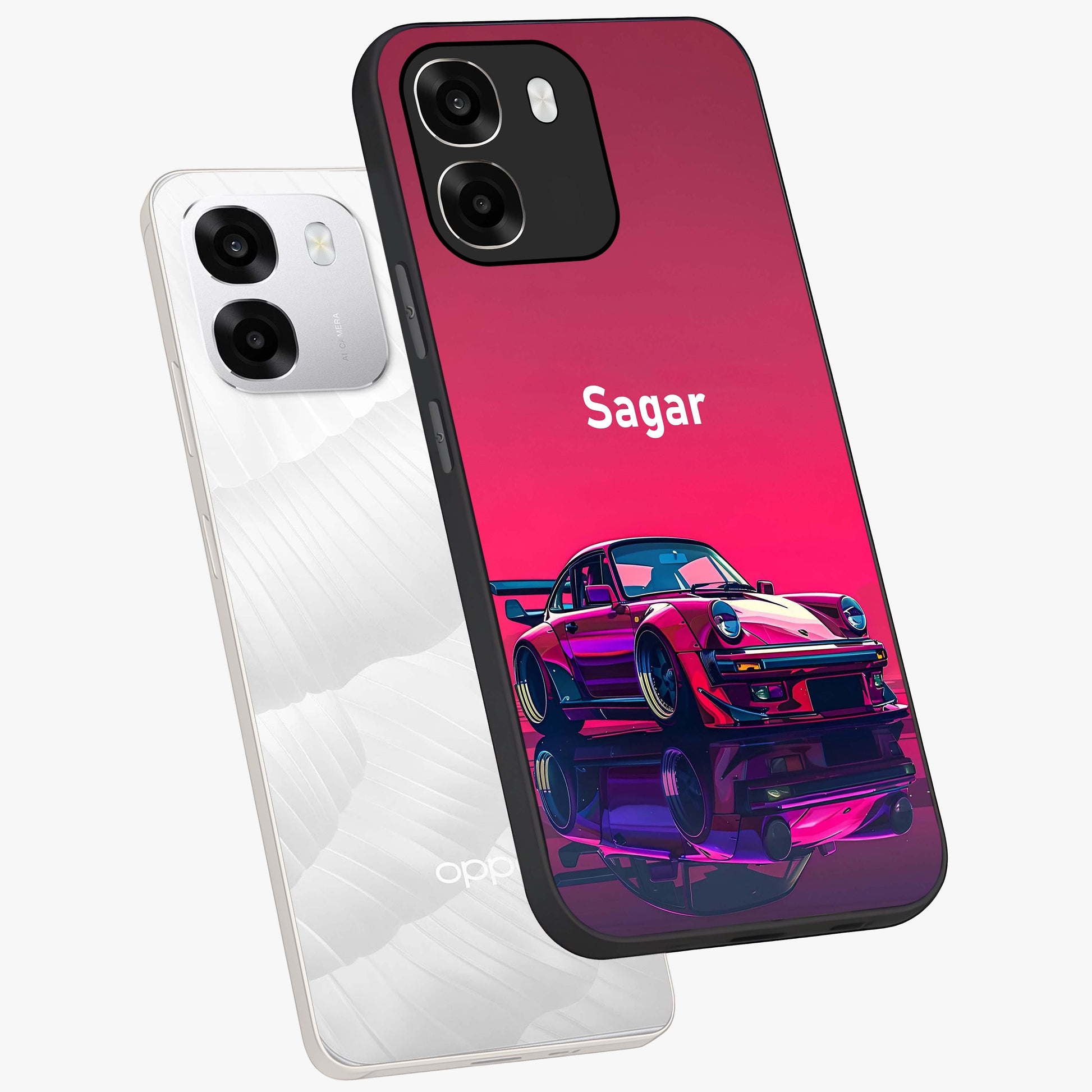 Neon Pink Porsche Glass Case displayed in angled mockup highlighting sleek neon pink car design with racing aesthetic.