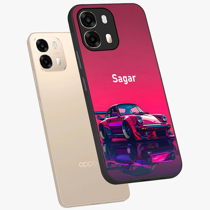 Neon Pink Porsche Glass Case displayed in angled mockup highlighting sleek neon pink car design with racing aesthetic.