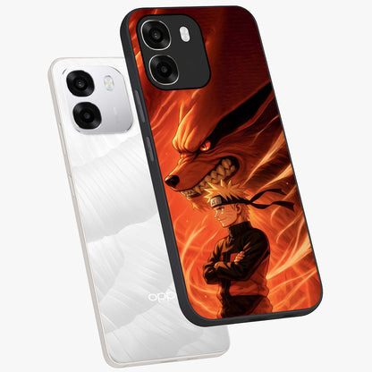 Nine Tails Legacy Glass Case displayed in angled mockup highlighting dynamic anime beast illustration with bold mystical aesthetic.