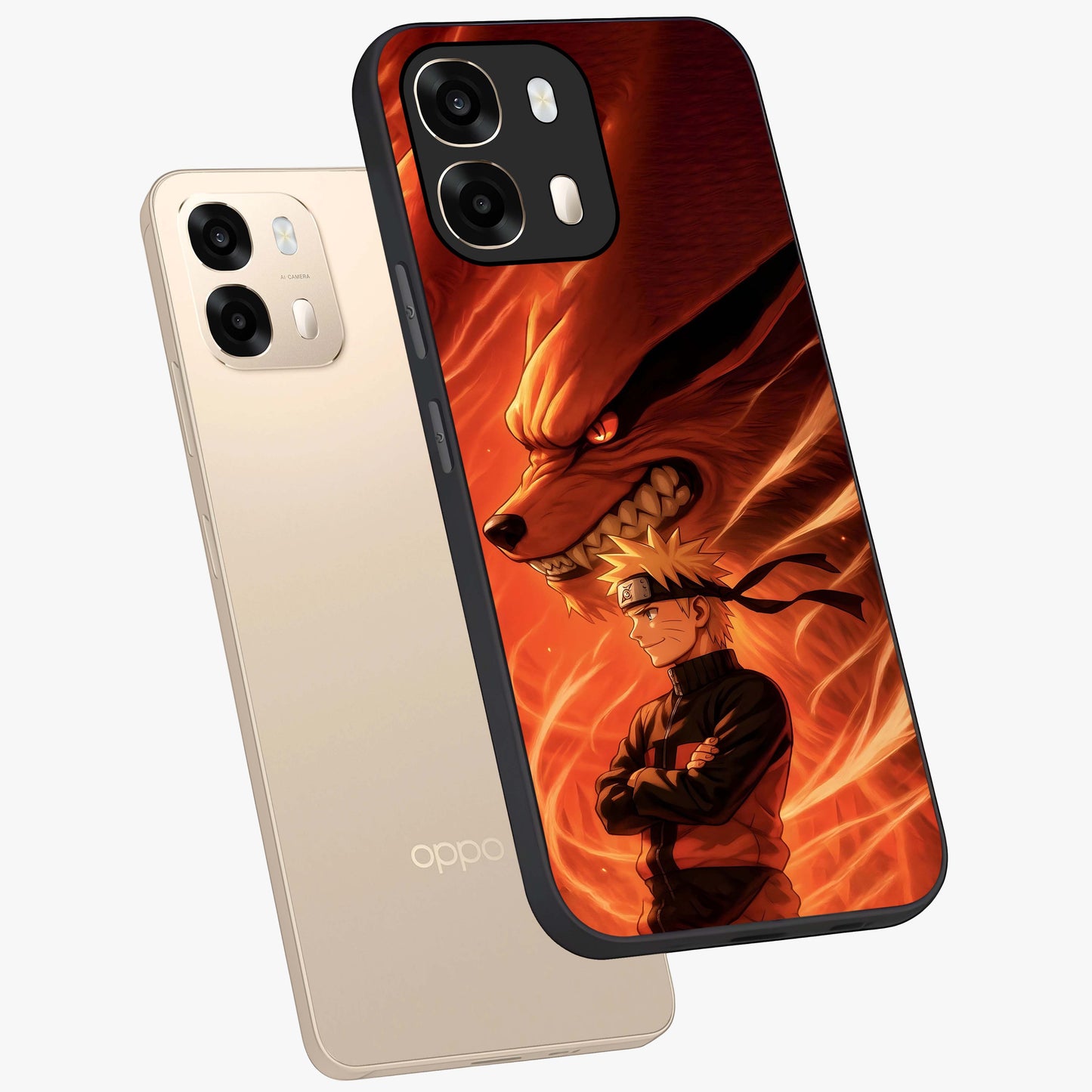 Nine Tails Legacy Glass Case displayed in angled mockup highlighting dynamic anime beast illustration with bold mystical aesthetic.