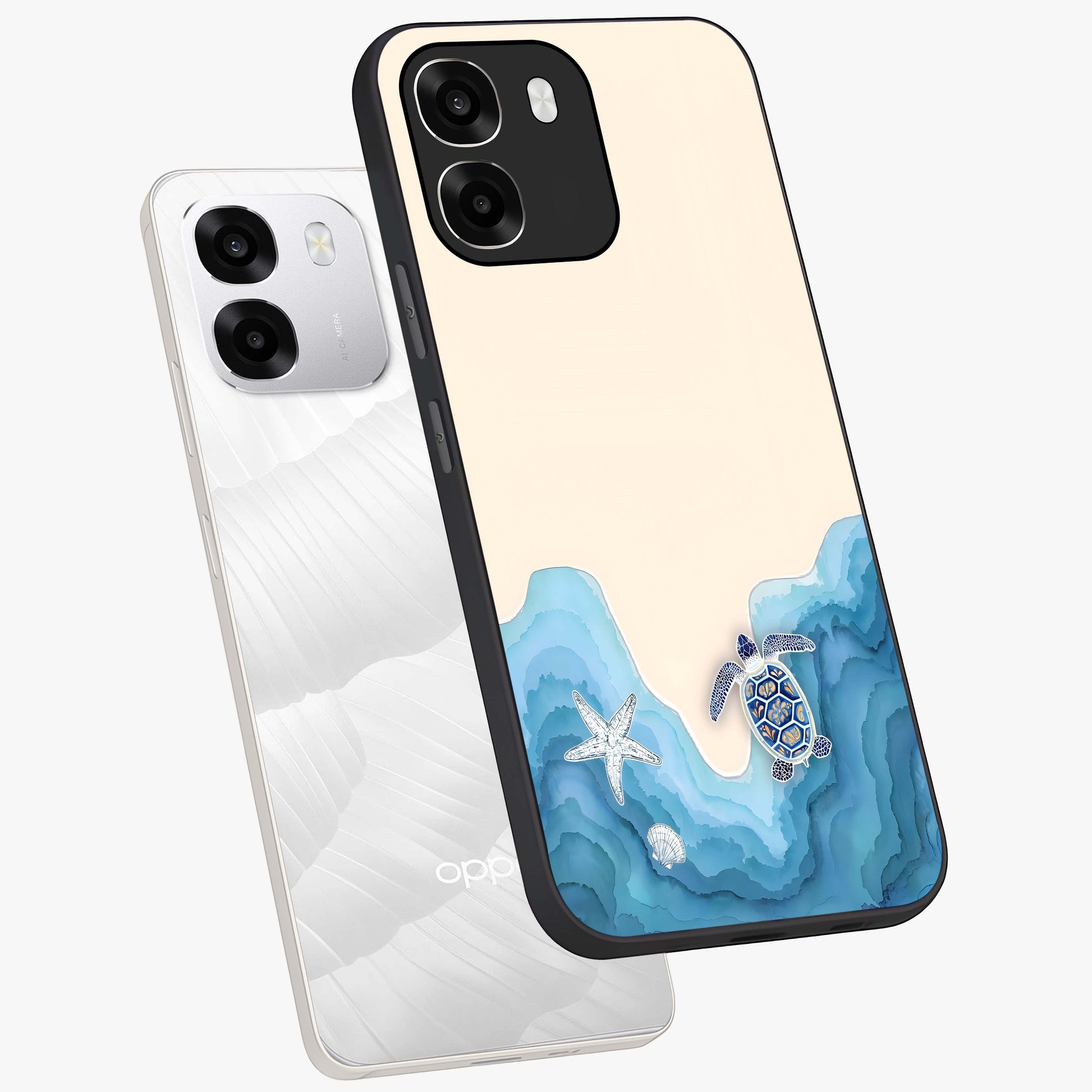 Ocean Drift Turtle Glass Case displayed in angled mockup highlighting peaceful ocean turtle illustration with marine aesthetic.