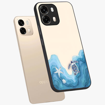 Ocean Drift Turtle Glass Case displayed in angled mockup highlighting peaceful ocean turtle illustration with marine aesthetic.
