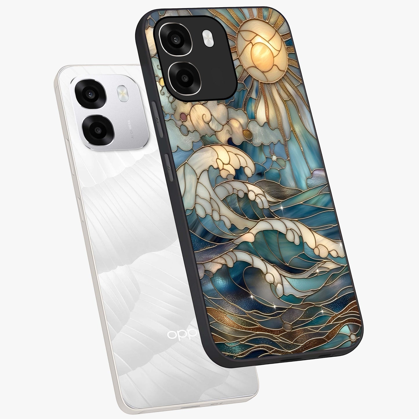 Oceanic Stained Printed Glass Case displayed in angled mockup highlighting colorful aquatic design with artistic aesthetic style.