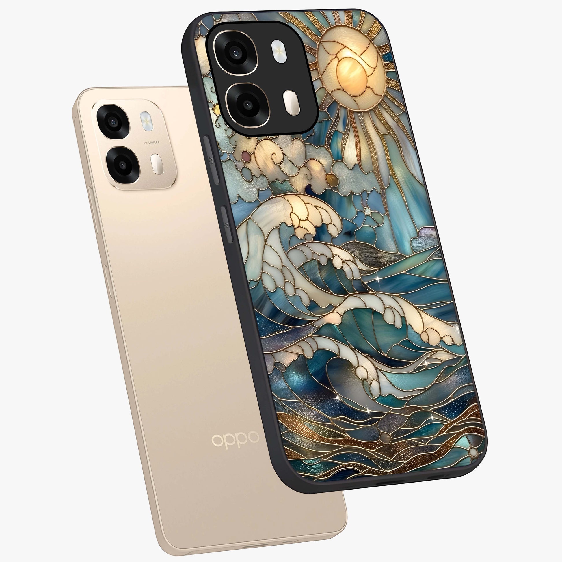 Oceanic Stained Printed Glass Case displayed in angled mockup highlighting colorful aquatic design with artistic aesthetic style.