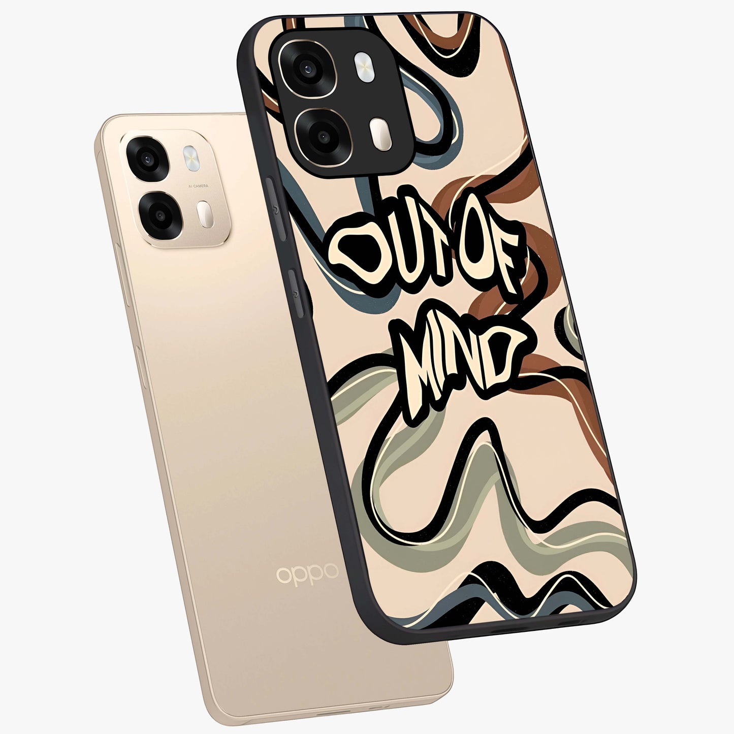 Out Of Mind Glass Case displayed in angled mockup highlighting bold statement design with modern artistic aesthetic.