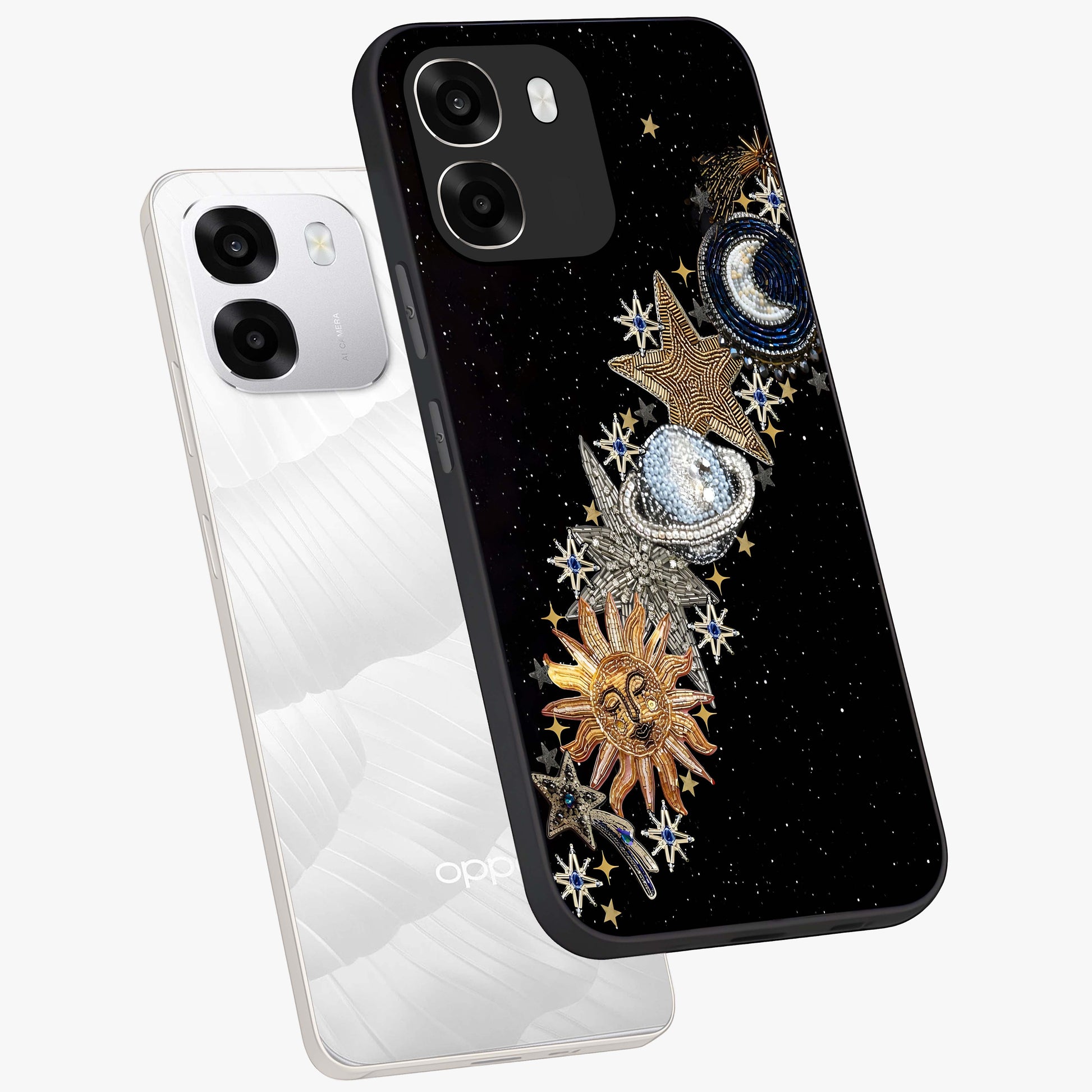 Pearls Universe Object Glass Case displayed in angled mockup highlighting celestial pearl design with dreamy aesthetic.
