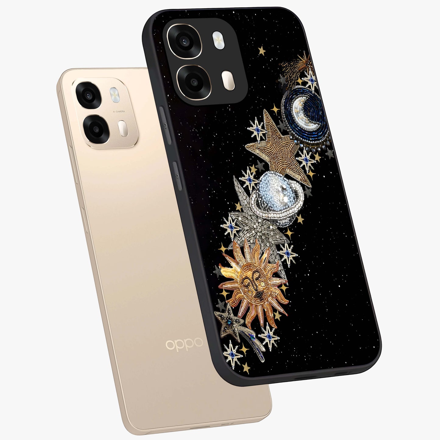 Pearls Universe Object Glass Case displayed in angled mockup highlighting celestial pearl design with dreamy aesthetic.