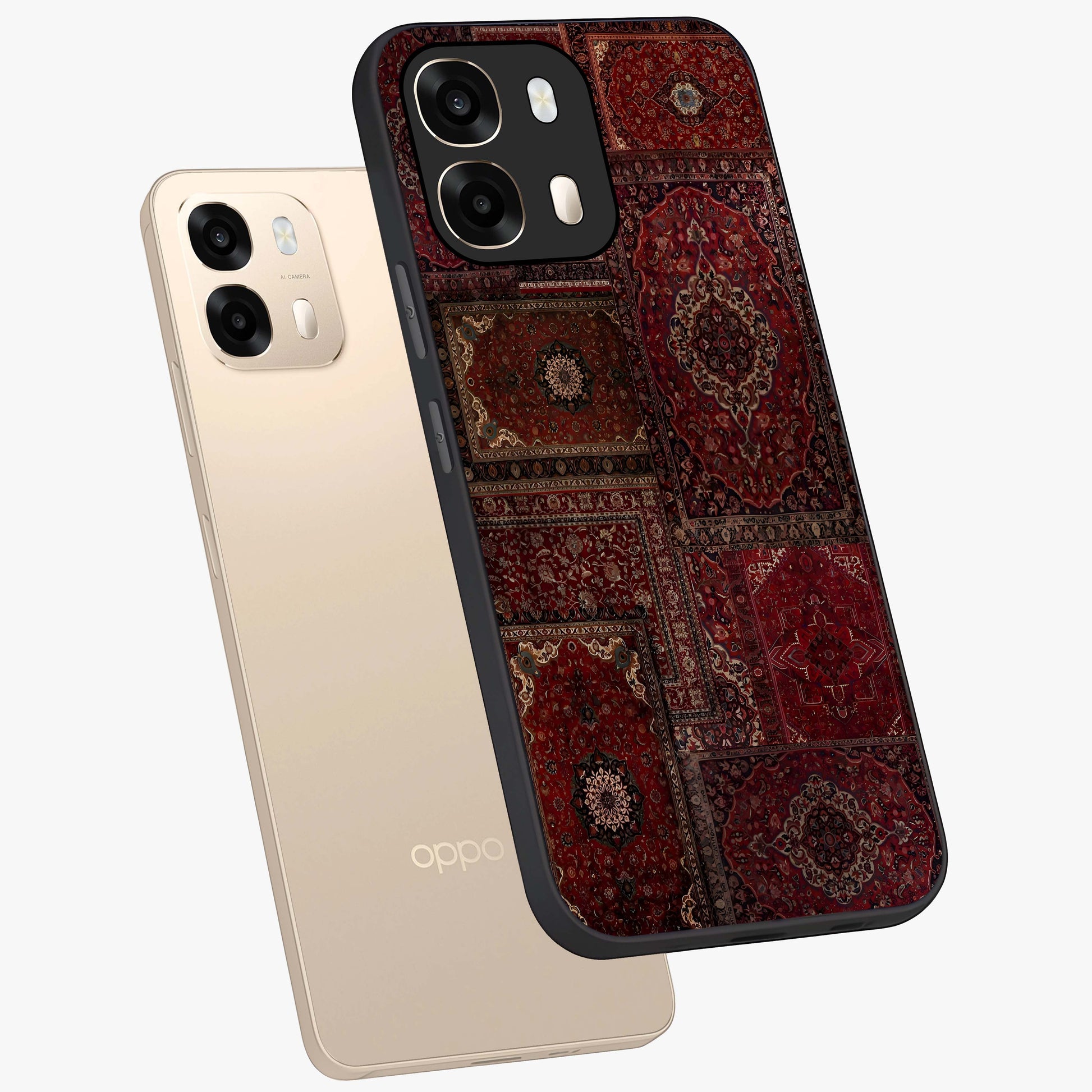 Persian Velvet Tale Glass Case displayed in angled mockup highlighting ornate textile inspired design with royal aesthetic.