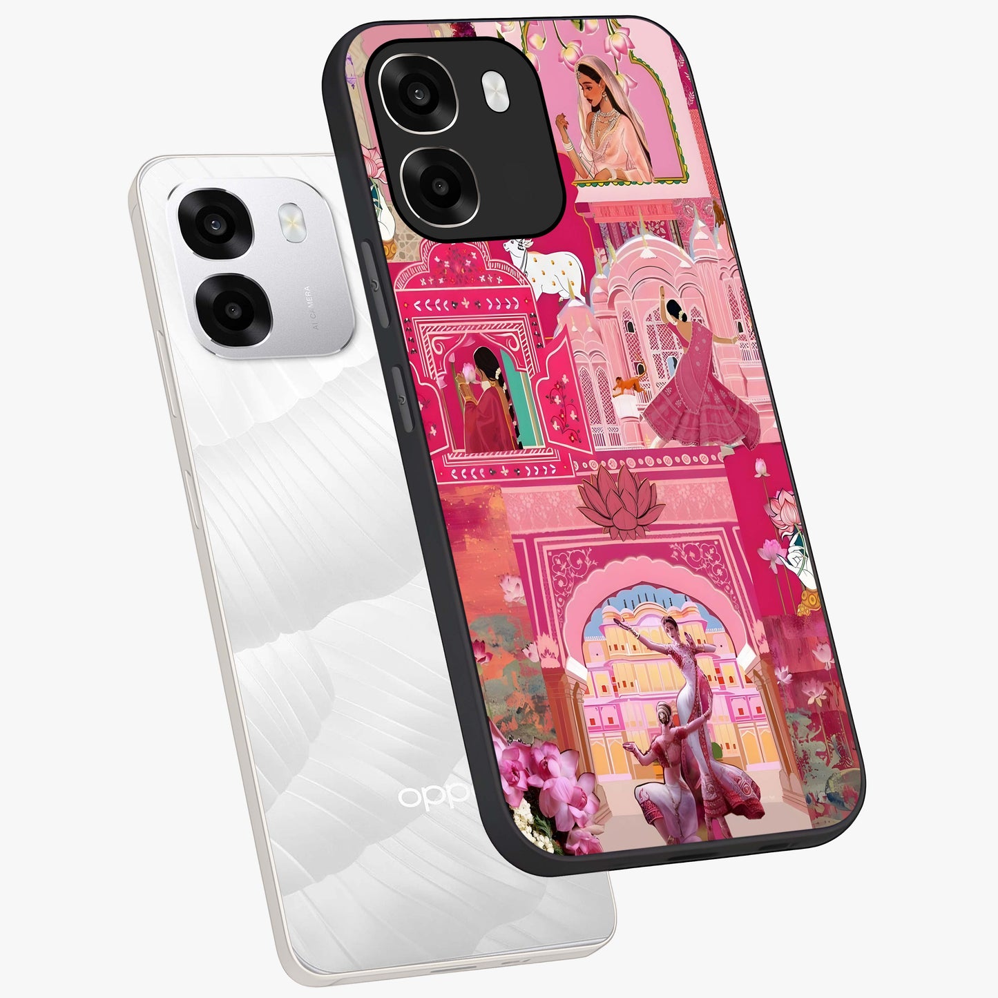 Pink Palace Muse Glass Case displayed in angled mockup highlighting dreamy palace illustration with soft pink aesthetic.