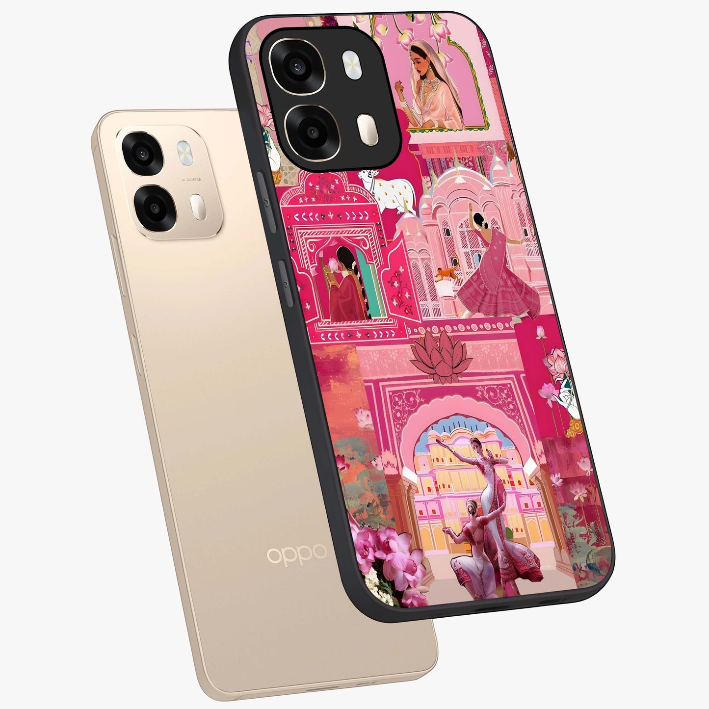 Pink Palace Muse Glass Case displayed in angled mockup highlighting dreamy palace illustration with soft pink aesthetic.