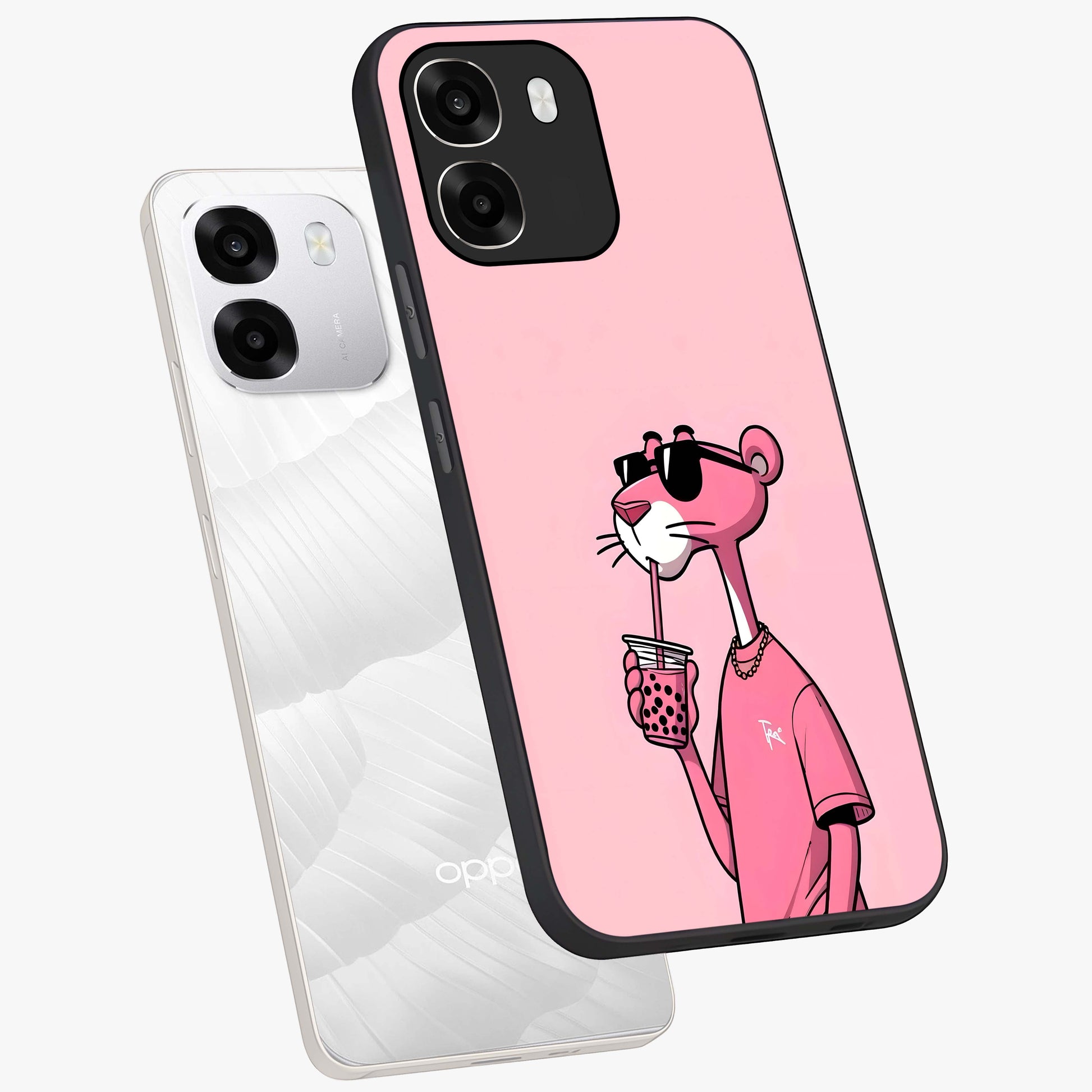 Pink Panther Glass Case displayed in angled mockup highlighting playful cartoon character design with vibrant pink aesthetic.