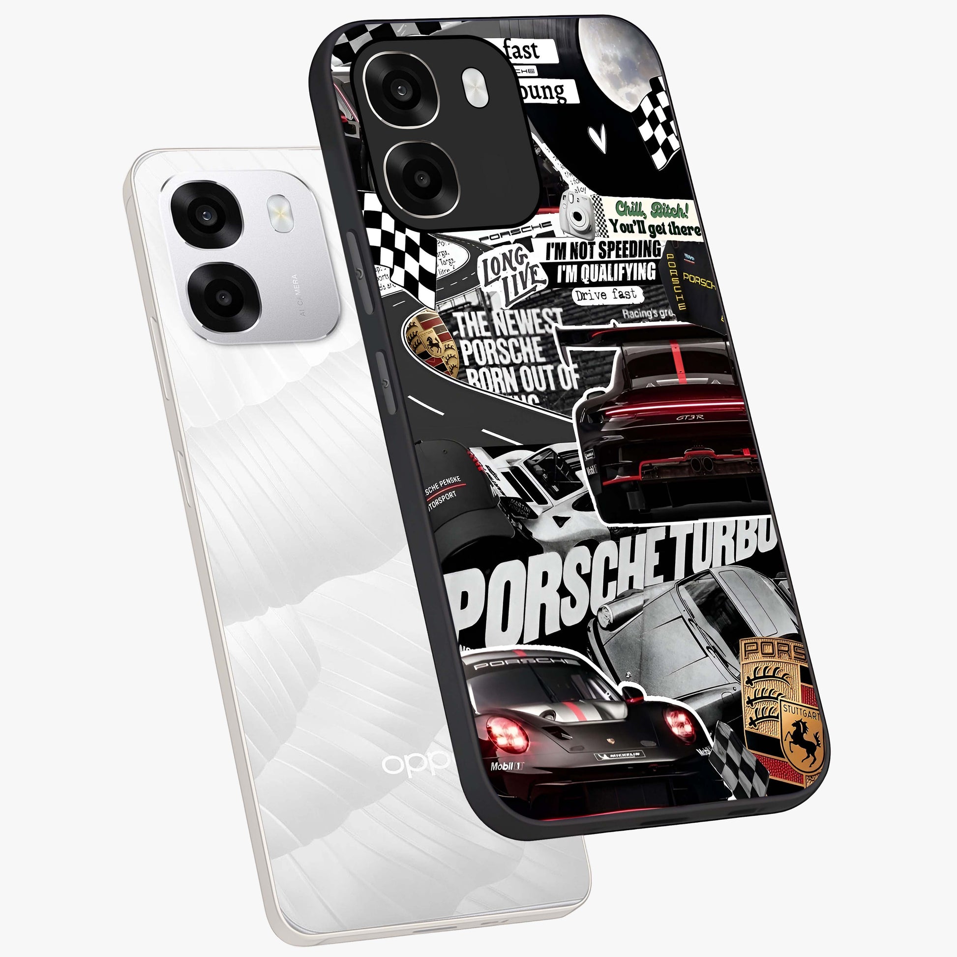 Porsche Racing Collage Glass Case displayed in angled mockup highlighting dynamic automotive design with bold racing aesthetic.
