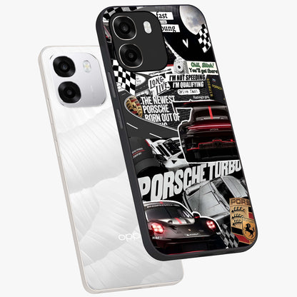 Porsche Racing Collage Glass Case displayed in angled mockup highlighting dynamic automotive design with bold racing aesthetic.