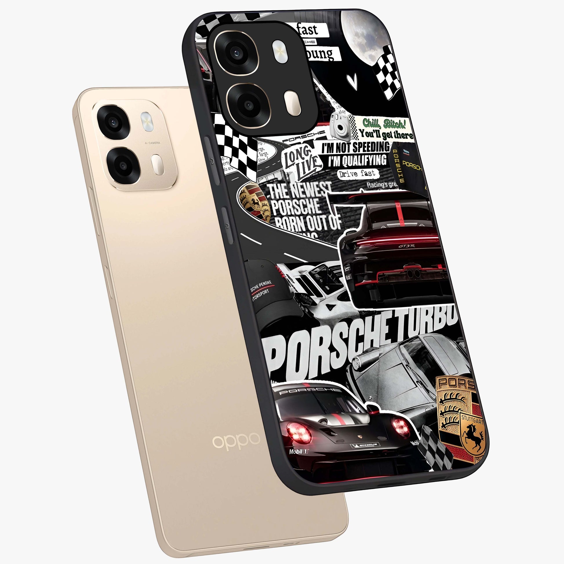 Porsche Racing Collage Glass Case displayed in angled mockup highlighting dynamic automotive design with bold racing aesthetic.