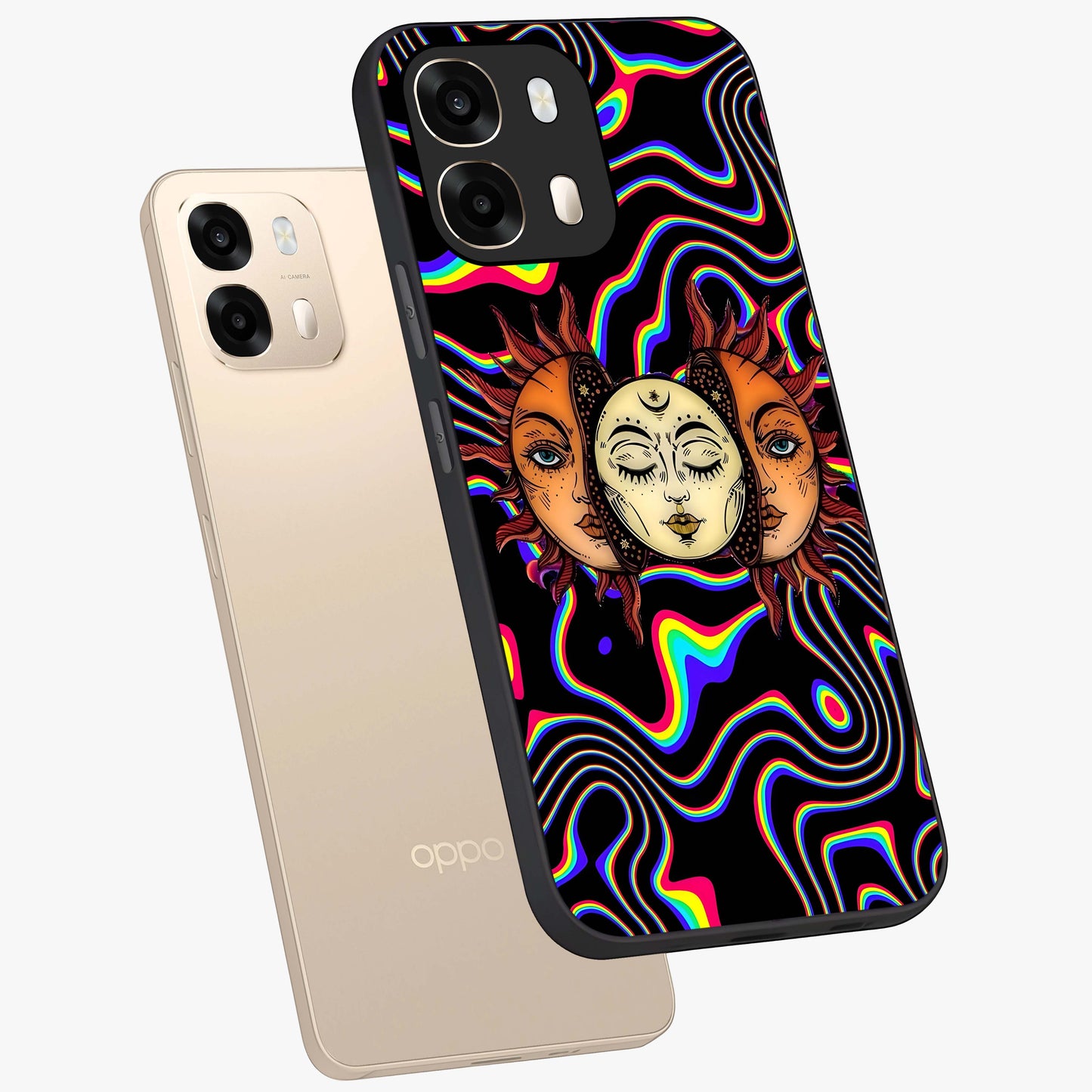 Psychedelic Sun Glass Case displayed in angled mockup highlighting vibrant abstract sun design with artistic aesthetic style.