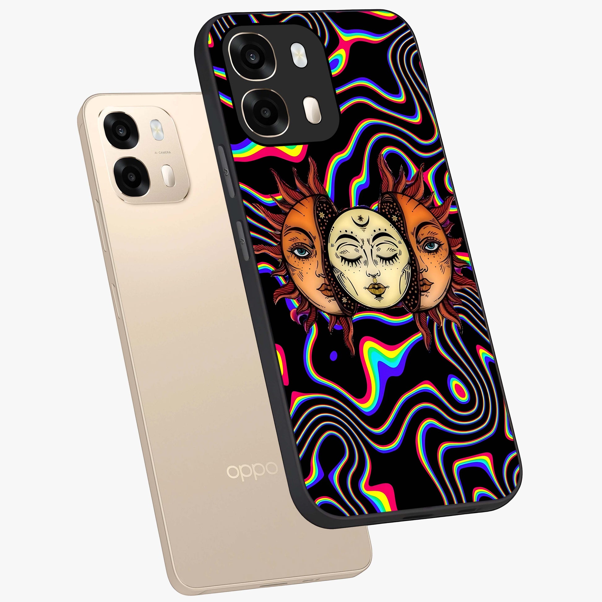 Psychedelic Sun Glass Case displayed in angled mockup highlighting vibrant abstract sun design with artistic aesthetic style.
