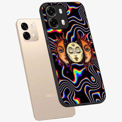 Psychedelic Sun Glass Case displayed in angled mockup highlighting vibrant abstract sun design with artistic aesthetic style.