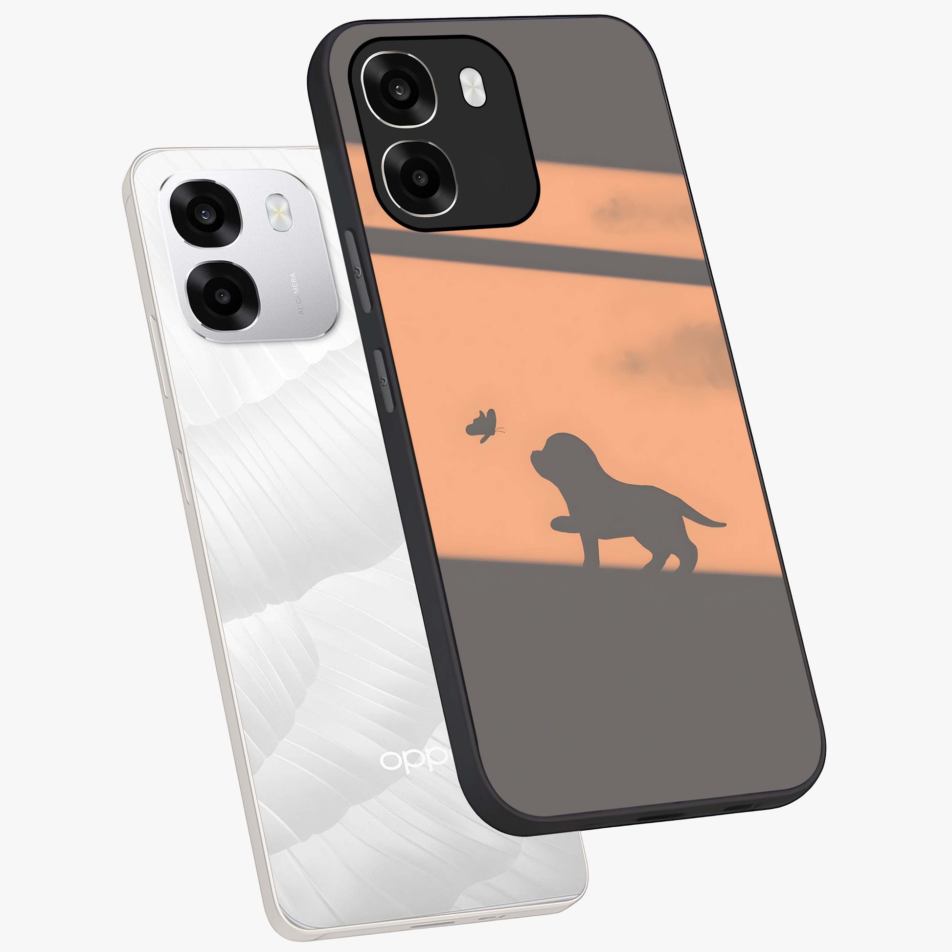 Puppy Shadow Art Glass Case displayed in angled mockup highlighting playful dog illustration with artistic shadow aesthetic.
