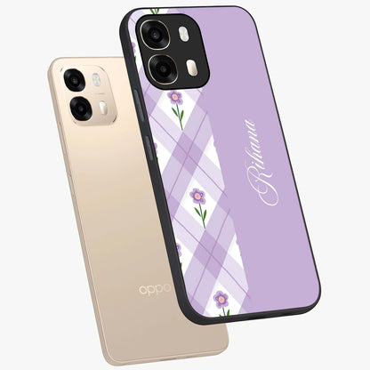 Purple Diamond Floral Glass Case displayed in angled mockup highlighting elegant purple flower design with decorative pattern.