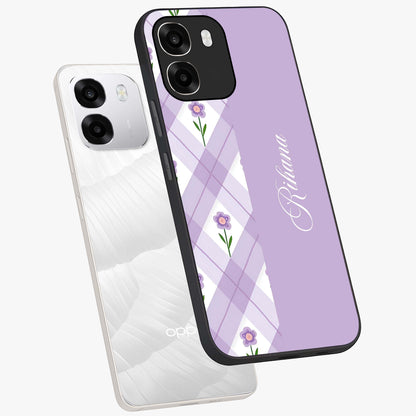 Purple Diamond Floral Glass Case displayed in angled mockup highlighting elegant purple flower design with decorative pattern.