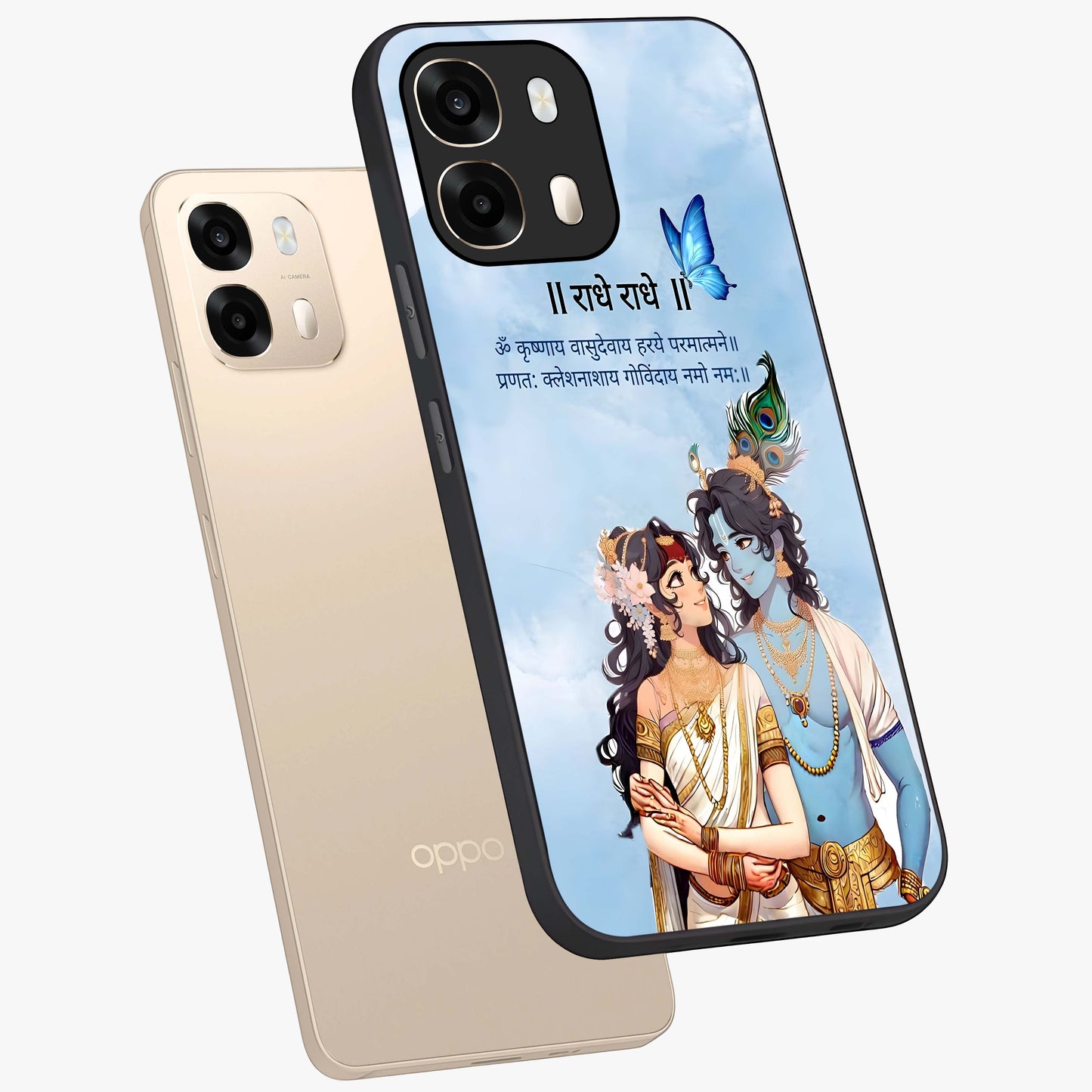Radha Krishna Eternal Glass Case displayed in angled mockup highlighting divine Radha Krishna illustration with spiritual aesthetic.