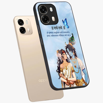 Radha Krishna Eternal Glass Case displayed in angled mockup highlighting divine Radha Krishna illustration with spiritual aesthetic.