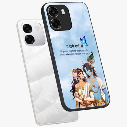 Radha Krishna Eternal Glass Case displayed in angled mockup highlighting divine Radha Krishna illustration with spiritual aesthetic.