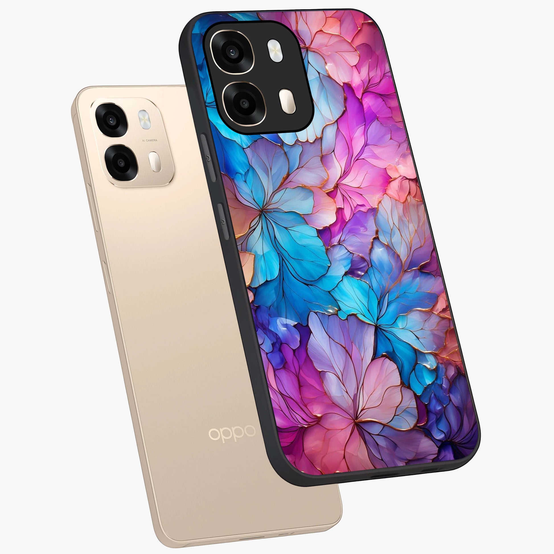 Radiant Floral Whirl Glass Case displayed in angled mockup highlighting vibrant flower pattern with dynamic artistic aesthetic.