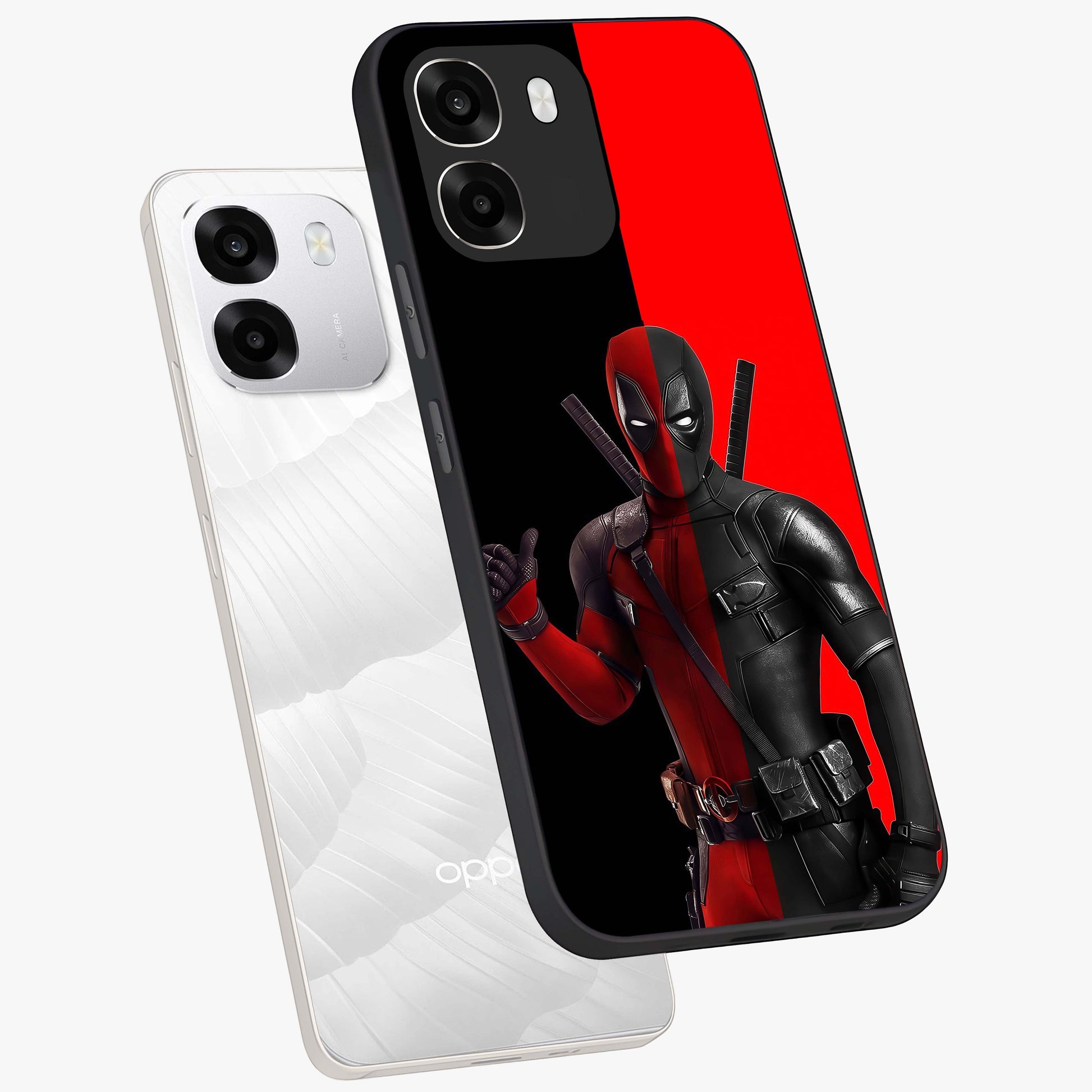 Red & Black Deadpool Theme Glass Case displayed in angled mockup highlighting vibrant superhero style illustration with action aesthetic.
