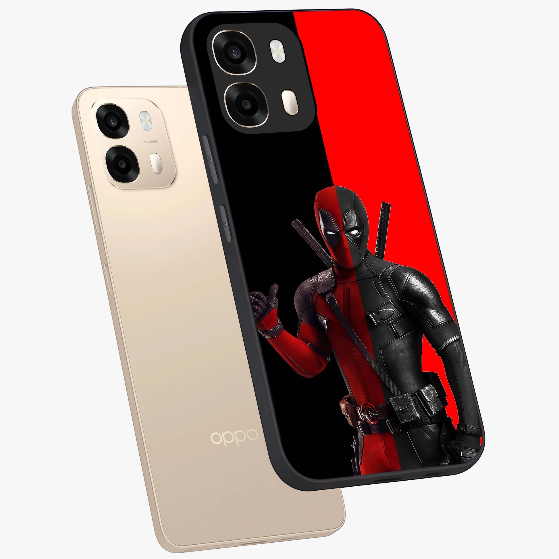 Red & Black Deadpool Theme Glass Case displayed in angled mockup highlighting vibrant superhero style illustration with action aesthetic.