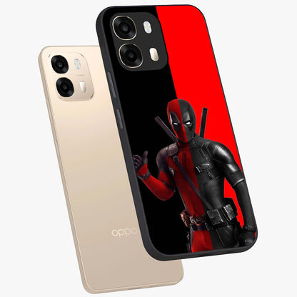 Red & Black Deadpool Theme Glass Case displayed in angled mockup highlighting vibrant superhero style illustration with action aesthetic.