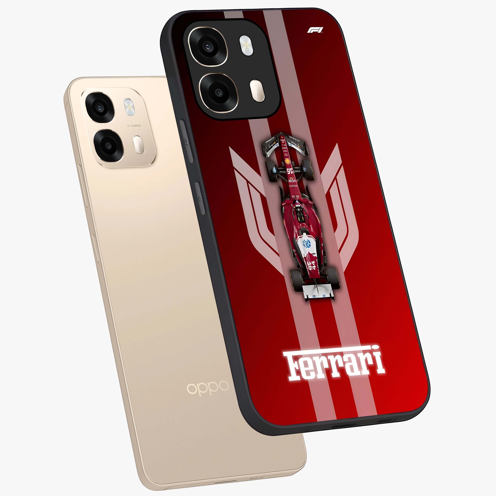 Red Ferrari F1 Vertical Glass Case displayed in angled mockup highlighting high speed racing design with bold automotive aesthetic.