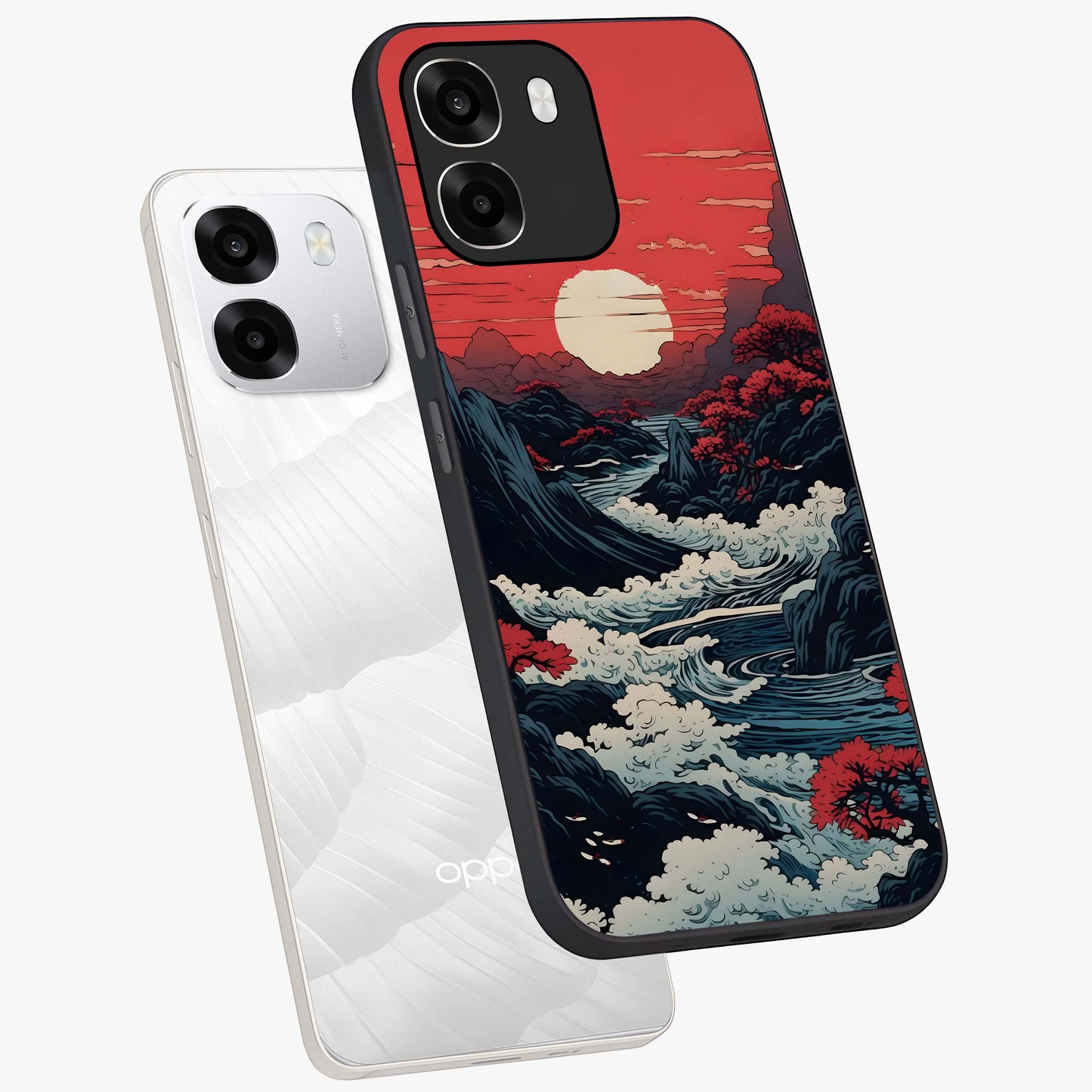 Red Sunset Scenery Glass Case displayed in angled mockup highlighting glowing sunset sky design with scenic aesthetic.