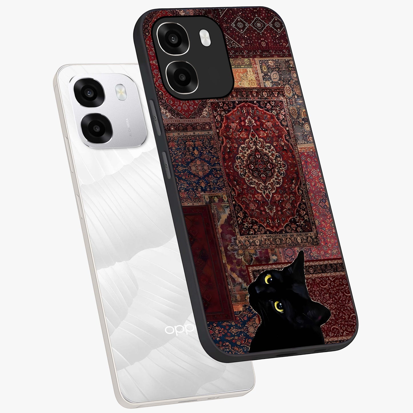 Regal Magic Cat Apple Glass Case displayed in angled mockup highlighting whimsical feline design with fantasy aesthetic.