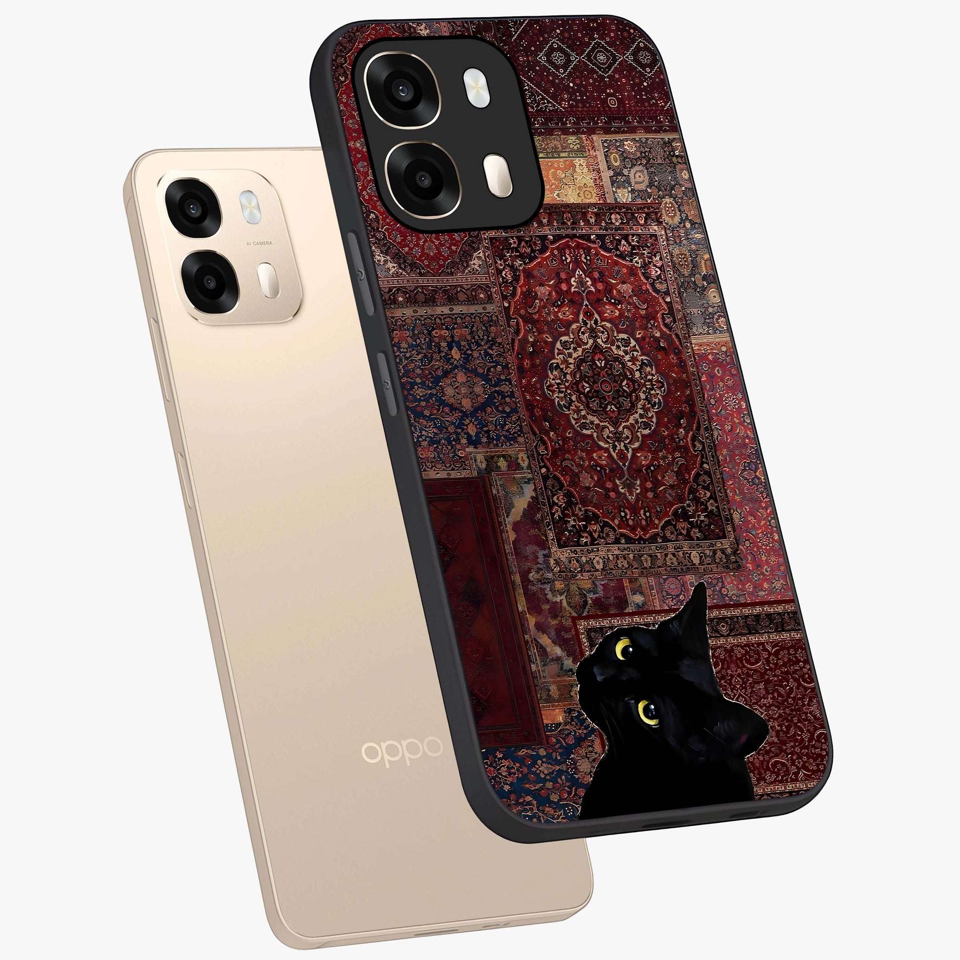 Regal Magic Cat Apple Glass Case displayed in angled mockup highlighting whimsical feline design with fantasy aesthetic.