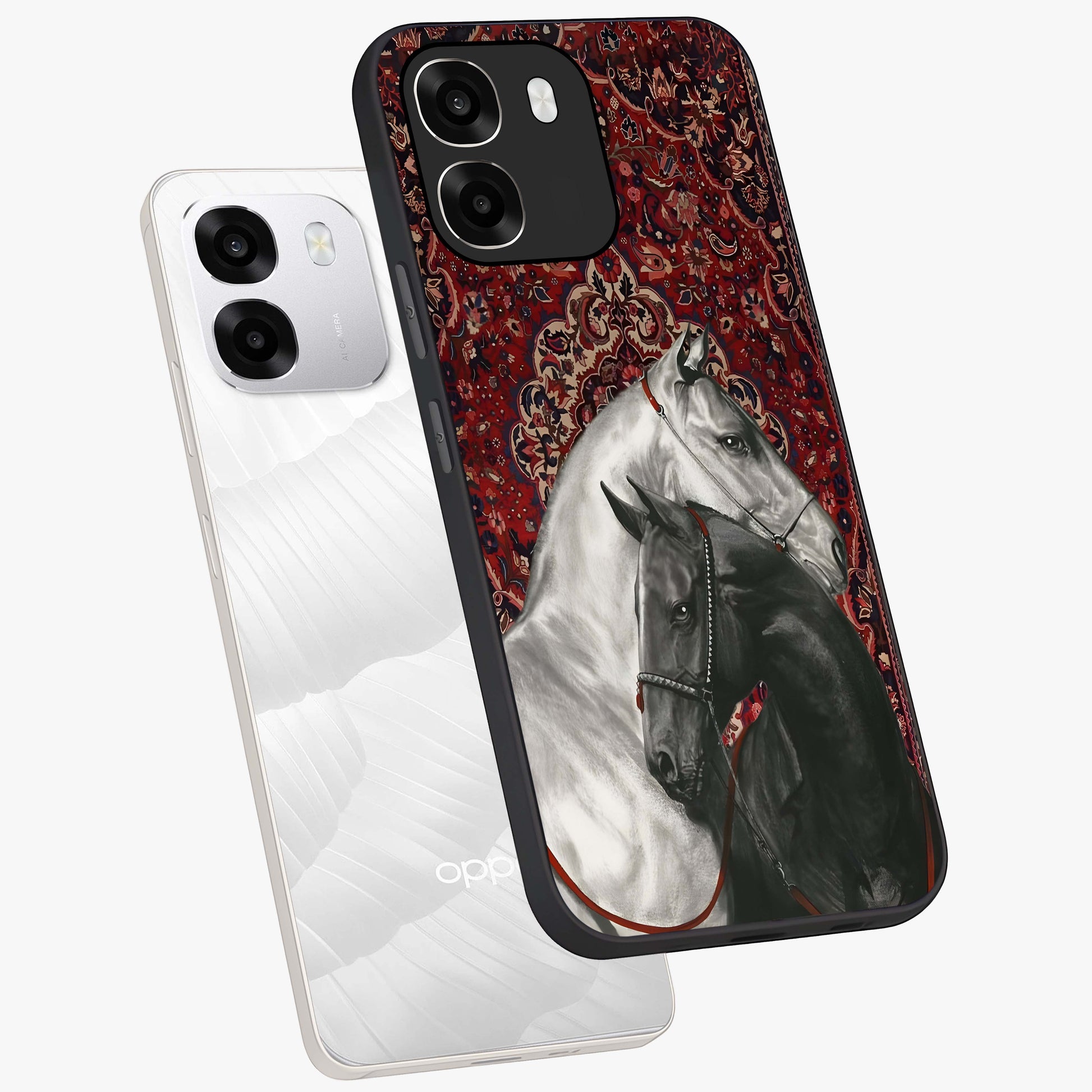 Regal Stallion Tapestry Glass Case displayed in angled mockup highlighting royal stallion design with decorative heritage aesthetic.