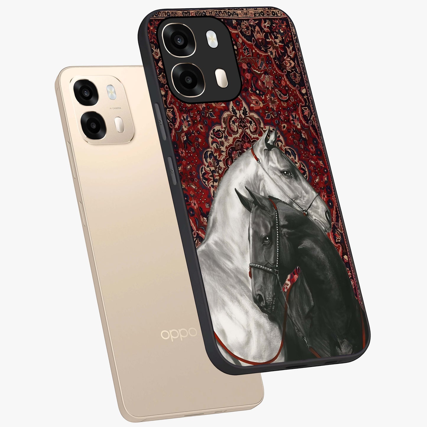 Regal Stallion Tapestry Glass Case displayed in angled mockup highlighting royal stallion design with decorative heritage aesthetic.