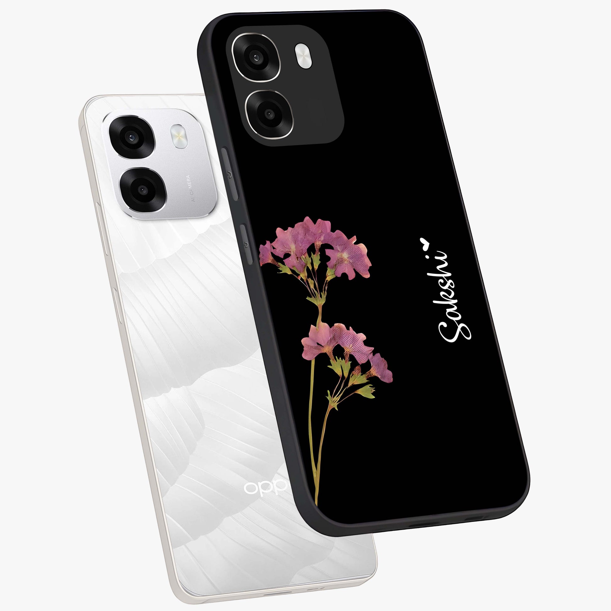 Riching Lavender Flower Custom Name Glass Case displayed in angled mockup highlighting delicate lavender flower design with custom name feature.