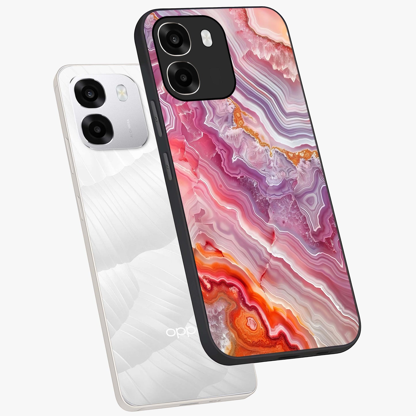 Rose Quartz Marble Glass Case displayed in angled mockup highlighting elegant marble pattern with soft aesthetic style.