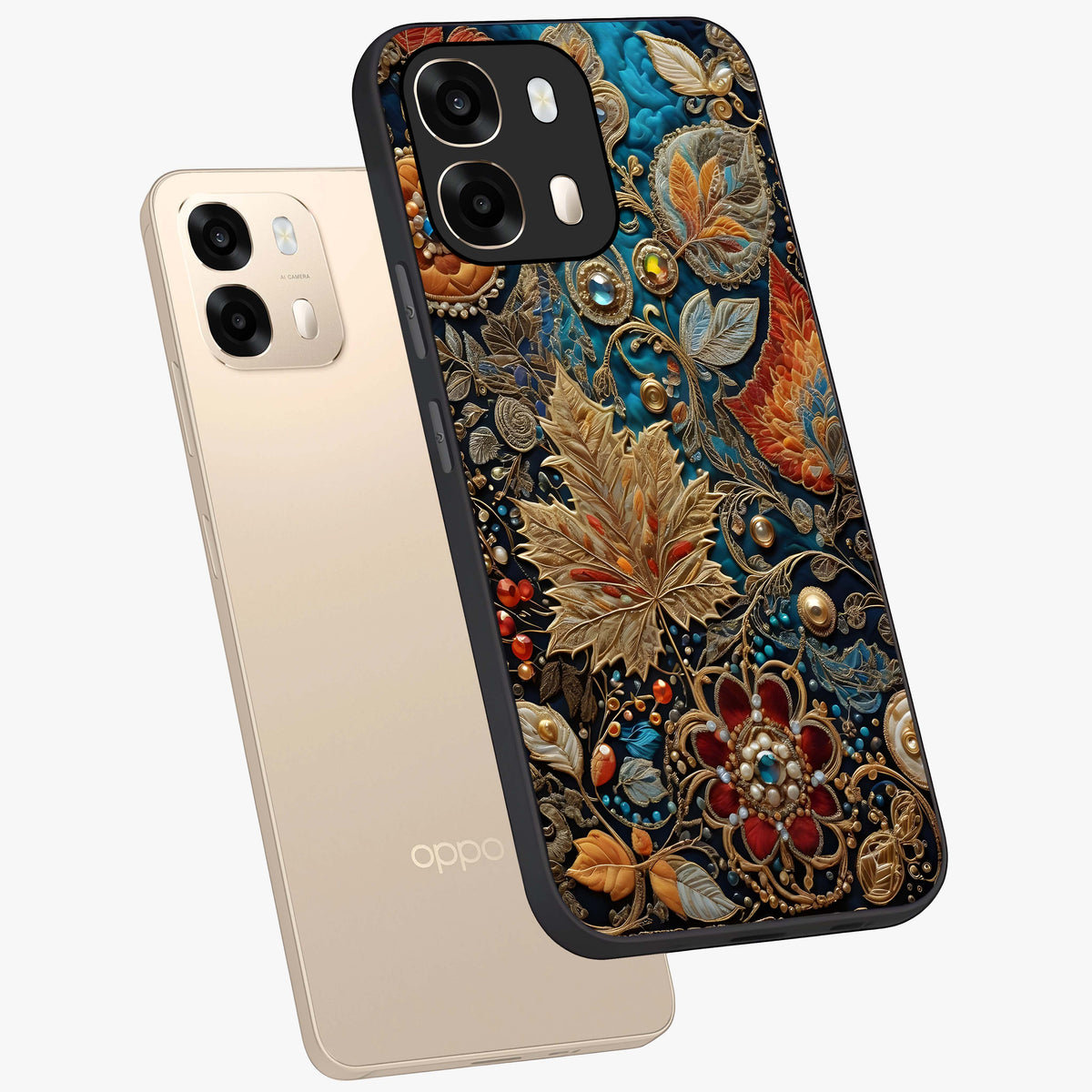 Royal Jewel Garden Glass Case displayed in angled mockup highlighting vibrant jewel inspired floral design with elegant aesthetic.