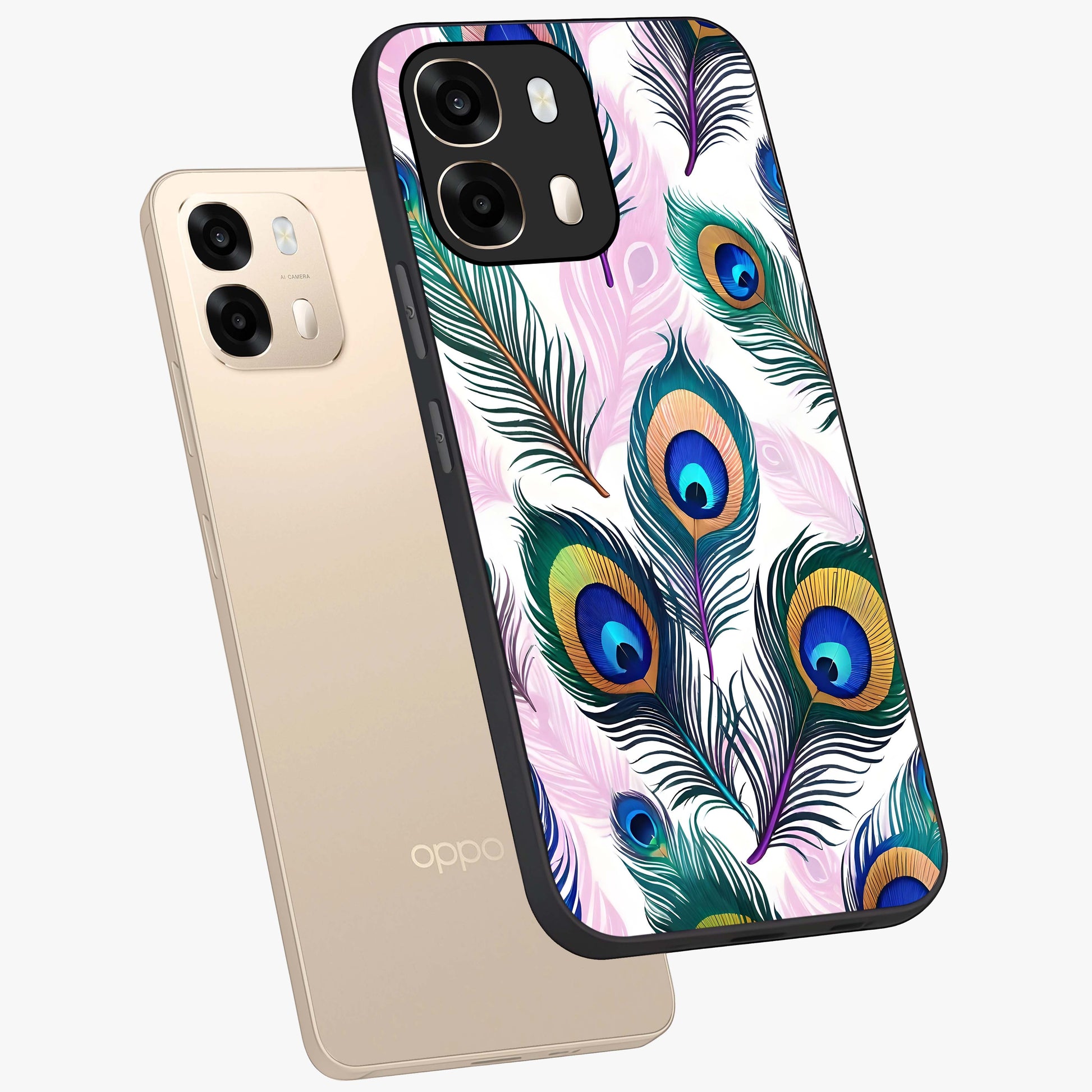Royal Peacock Feathers Glass Case displayed in angled mockup highlighting vibrant feather pattern with regal aesthetic style.