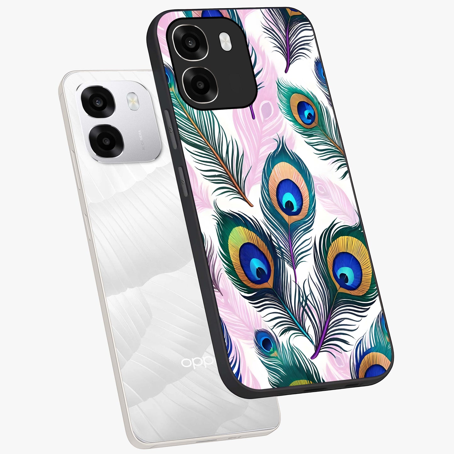 Royal Peacock Feathers Glass Case displayed in angled mockup highlighting vibrant feather pattern with regal aesthetic style.