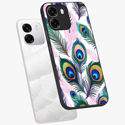 Royal Peacock Feathers Glass Case displayed in angled mockup highlighting vibrant feather pattern with regal aesthetic style.