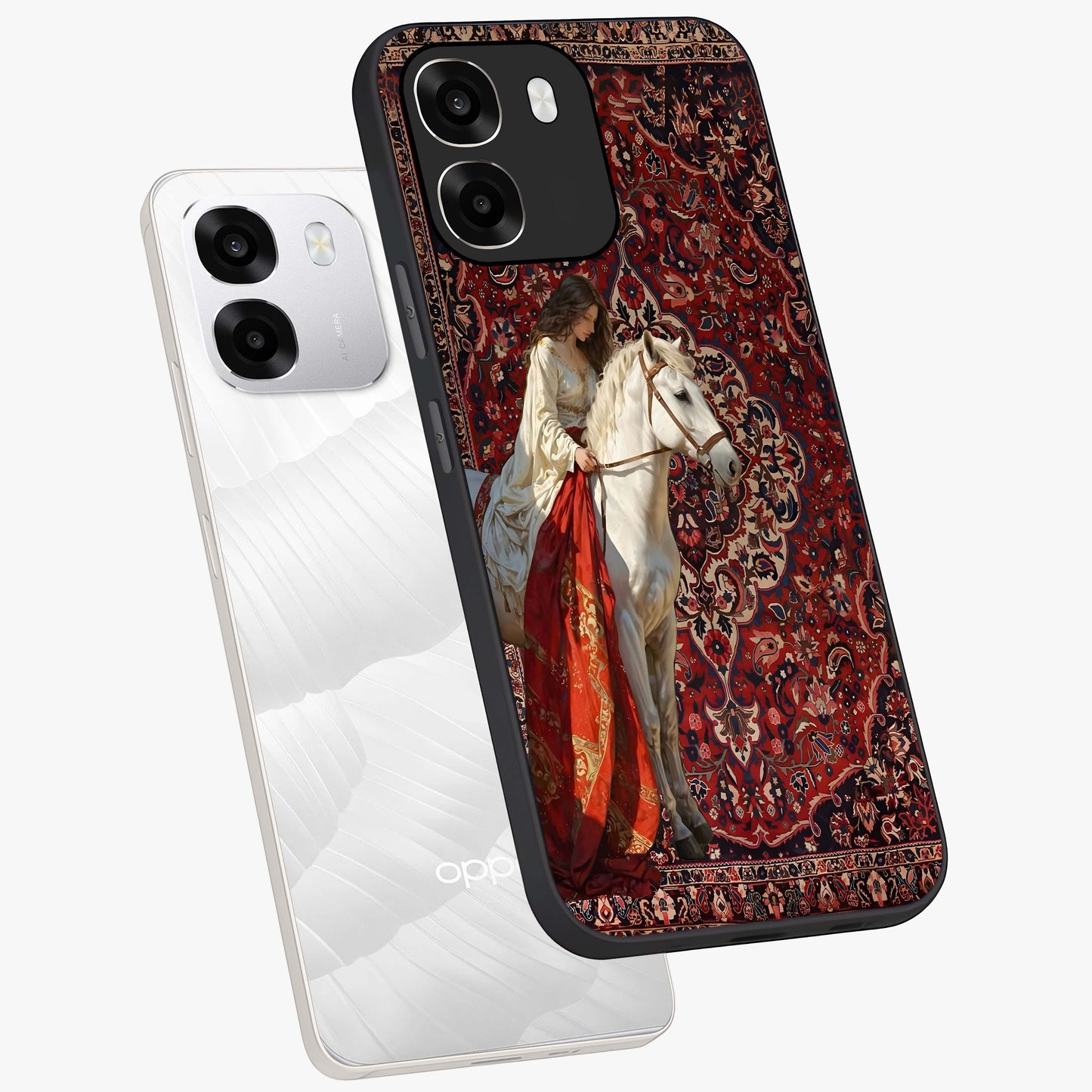 Royal Rider Tapestry Glass Case displayed in angled mockup highlighting traditional tapestry design with royal heritage aesthetic.