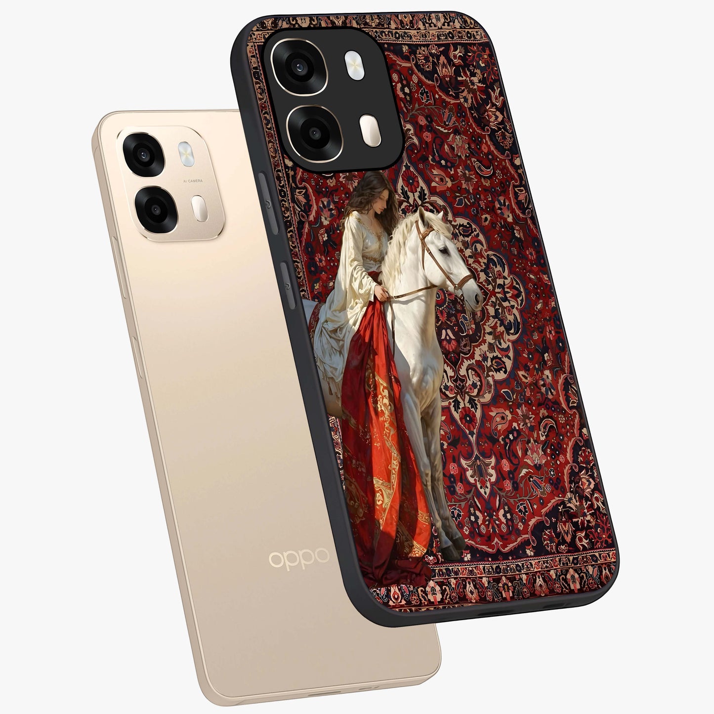 Royal Rider Tapestry Glass Case displayed in angled mockup highlighting traditional tapestry design with royal heritage aesthetic.