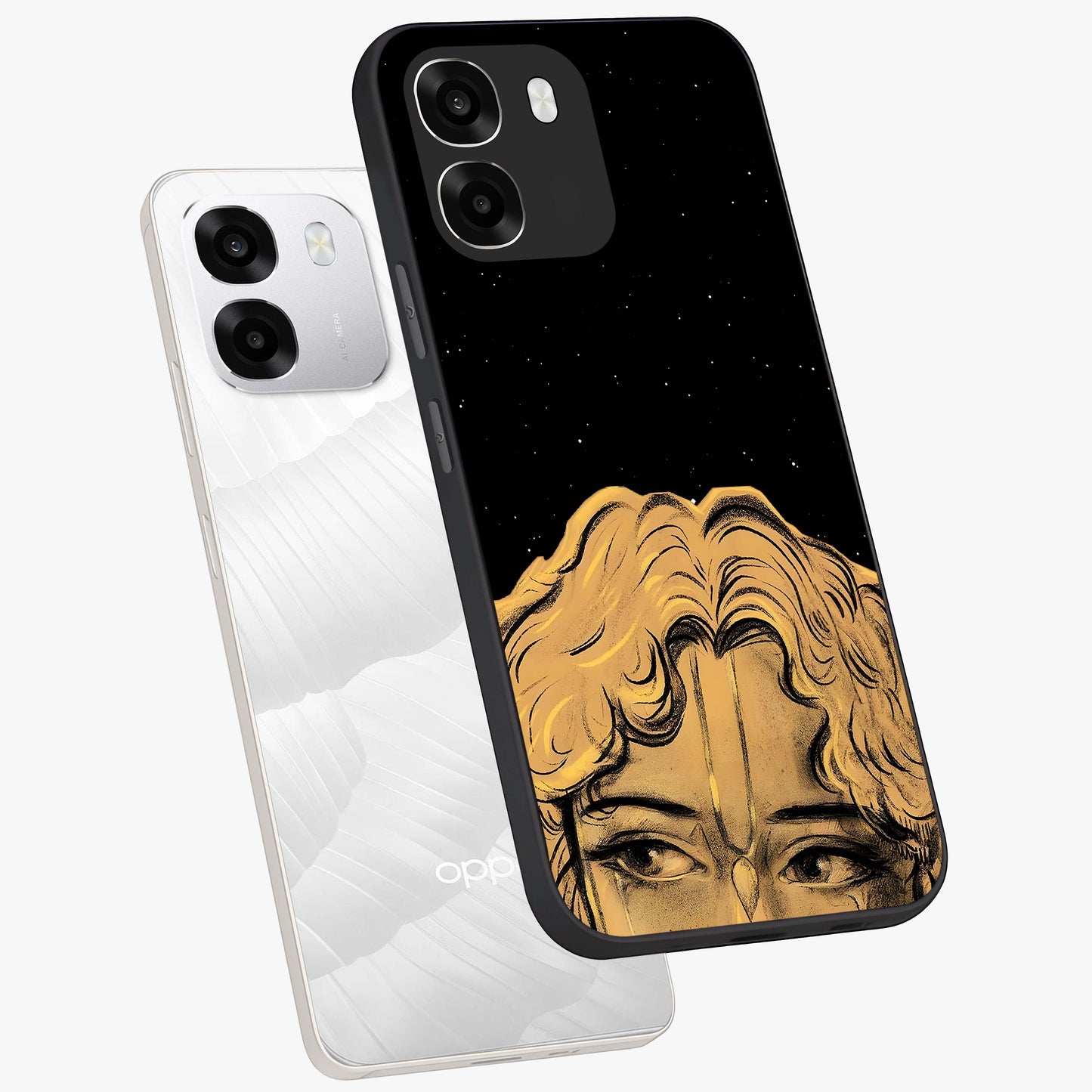 Shri Krishna Art Glass Case displayed in angled mockup highlighting spiritual Krishna illustration with divine aesthetic.