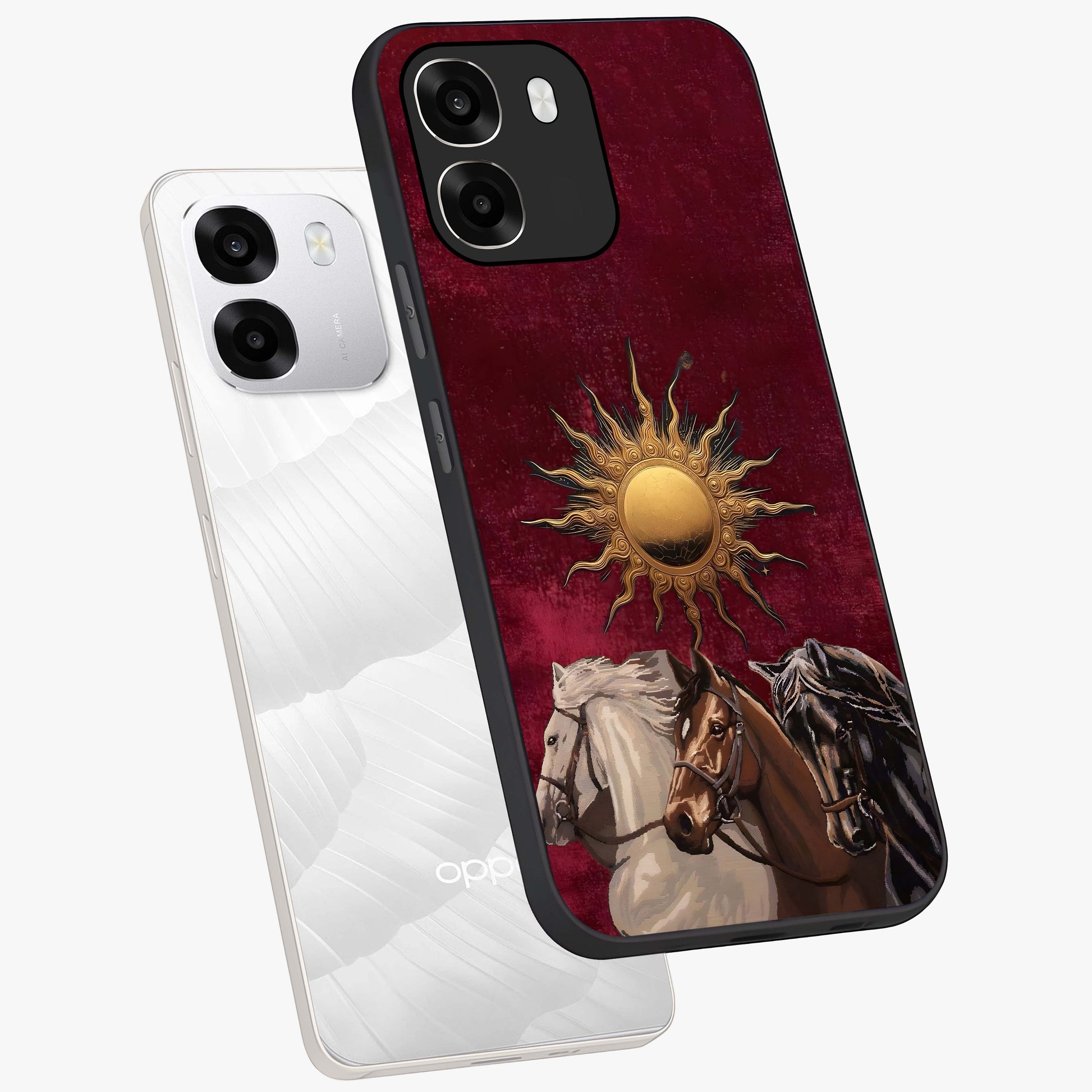 Solar Riders Glass Case displayed in angled mockup highlighting powerful rider illustration with radiant solar aesthetic.