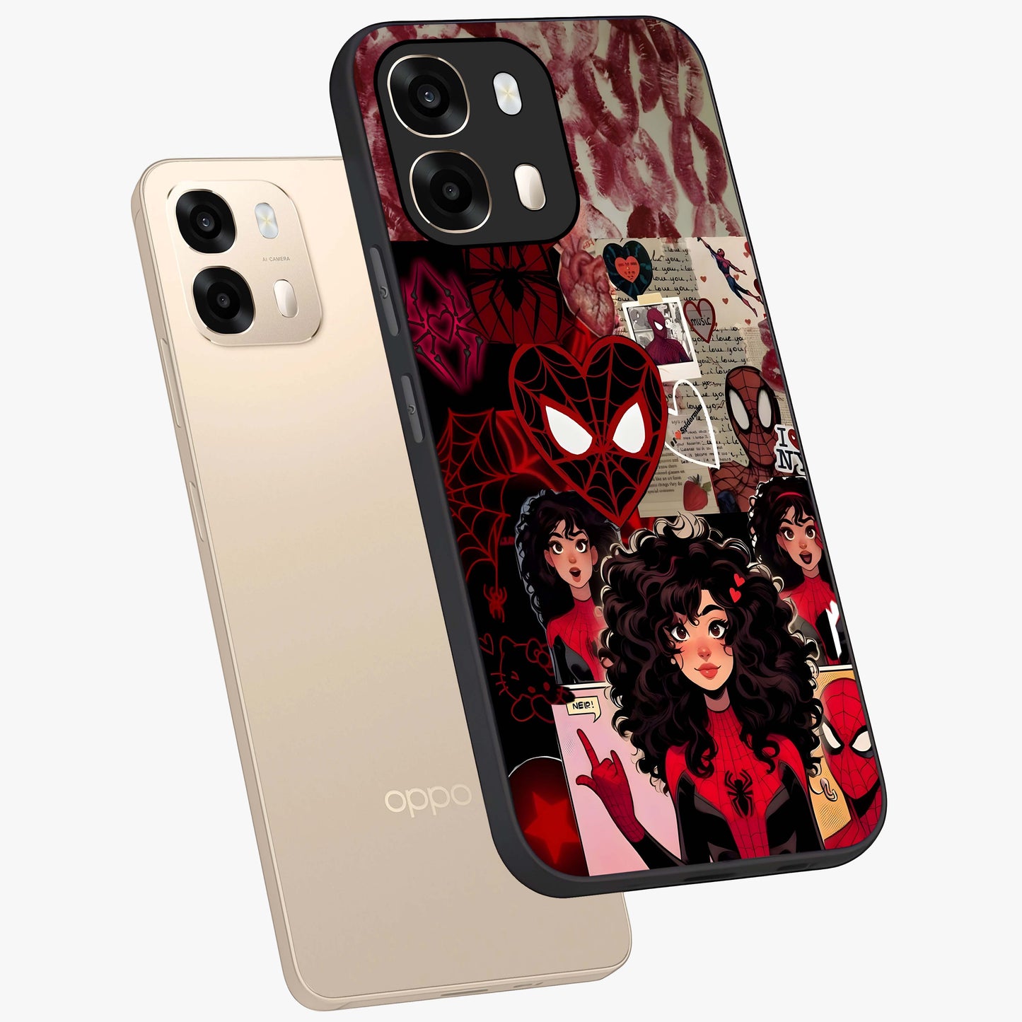 Spider Love Story Glass Case displayed in angled mockup highlighting expressive comic inspired design with playful aesthetic.