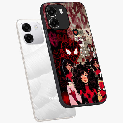 Spider Love Story Glass Case displayed in angled mockup highlighting expressive comic inspired design with playful aesthetic.